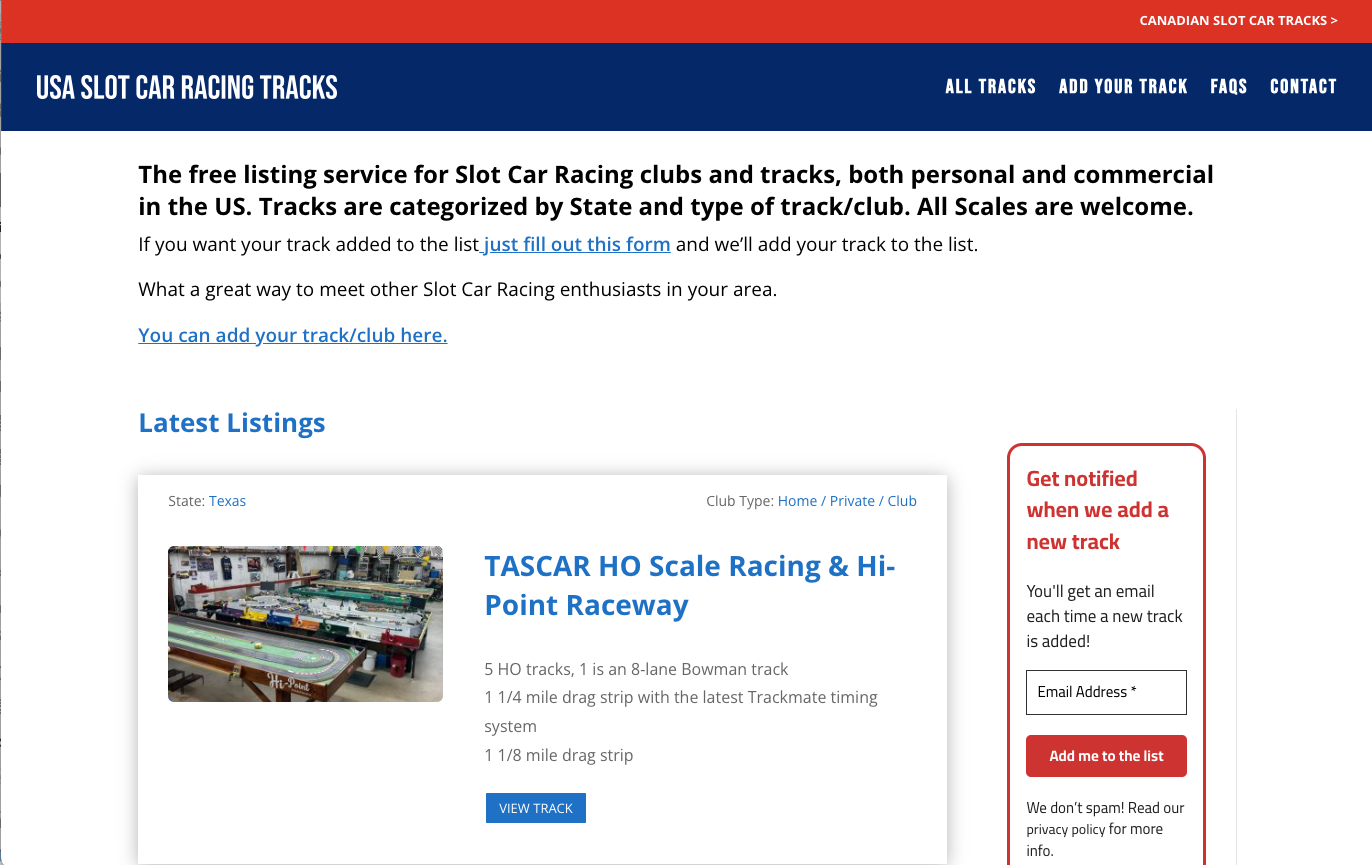 club listing site usa slot car racing tracks