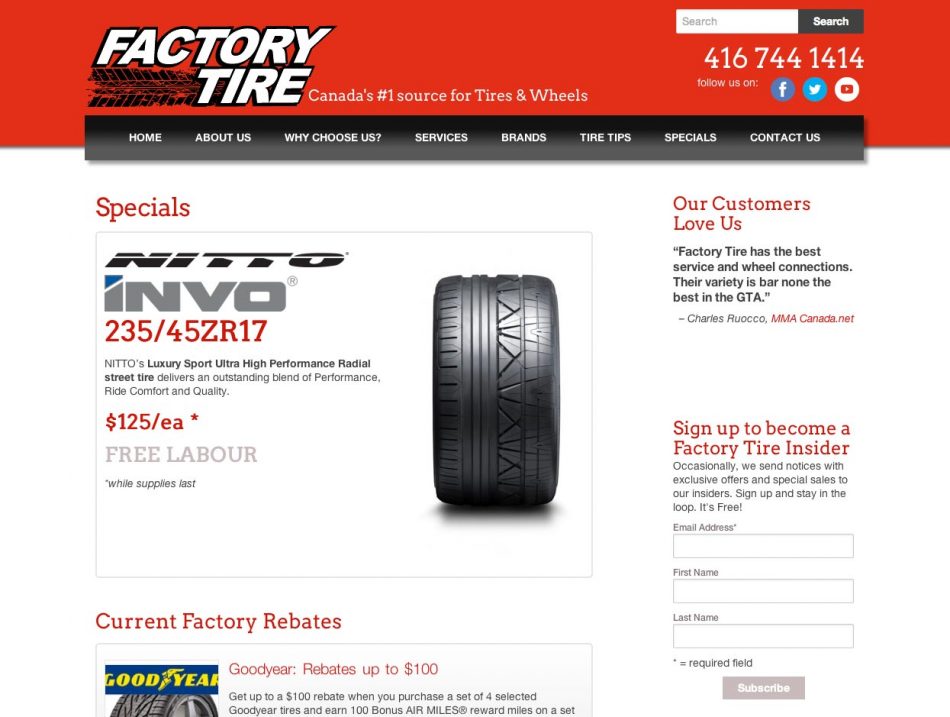 site & Social Media for tire dealers Factory Tire, Toronto